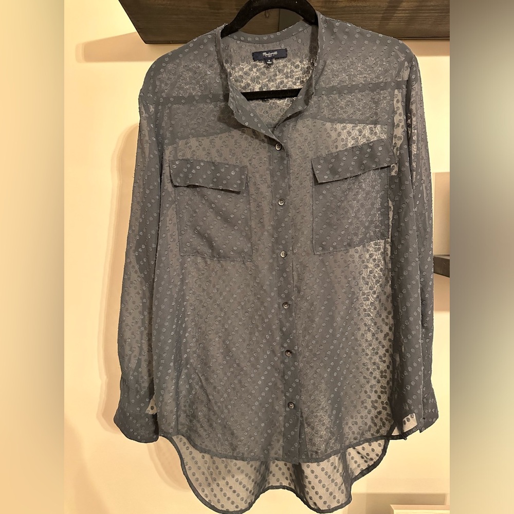 Madewell button up Blouse Long Sleeves Gray Ice Leaf Blouse Top Sheer S #39 - Picture 2 of 6